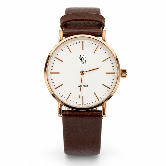 Montre Cuirélia GG Luxe au boîtier or rosé, cadran blanc et bracelet en cuir marron