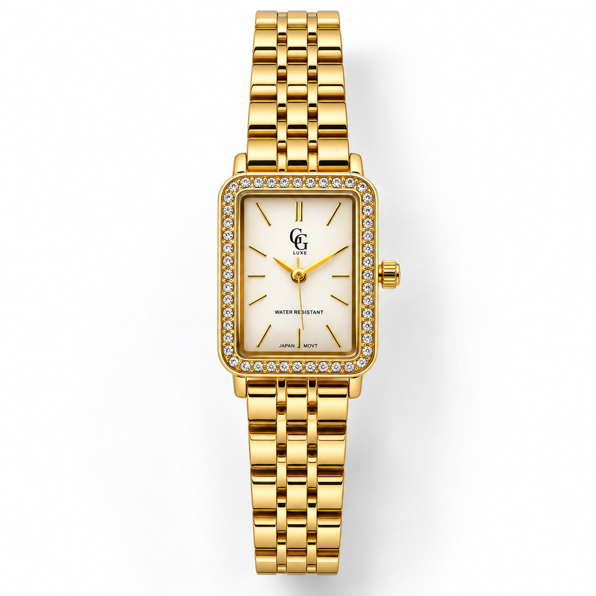 Montre Héloïse GG Luxe dorée, avec cadran rectangulaire bordé de strass et bracelet jubilé