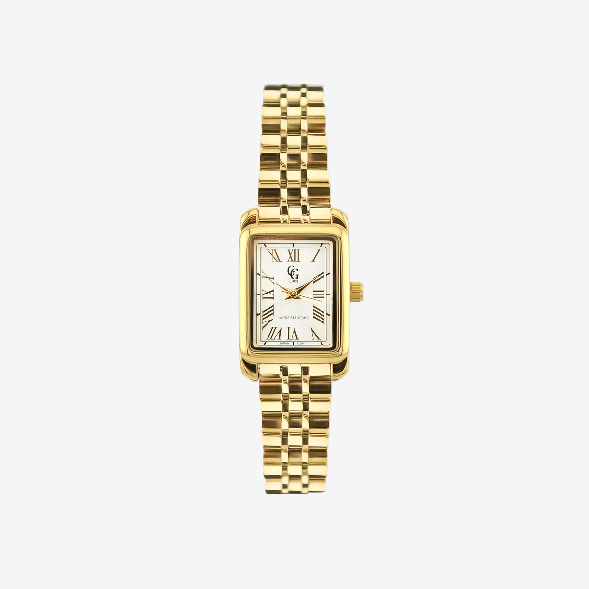 Montre Iris GG Luxe au boîtier rectangulaire doré et au cadran blanc à chiffres romains