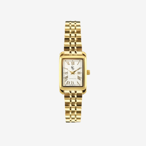 Montre Iris GG Luxe au boîtier rectangulaire doré et au cadran blanc à chiffres romains