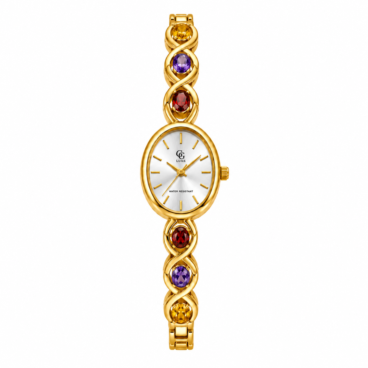 Montre Isaline GG Luxe dorée, avec cadran blanc et bracelet bijou aux teintes rouges et ambrées
