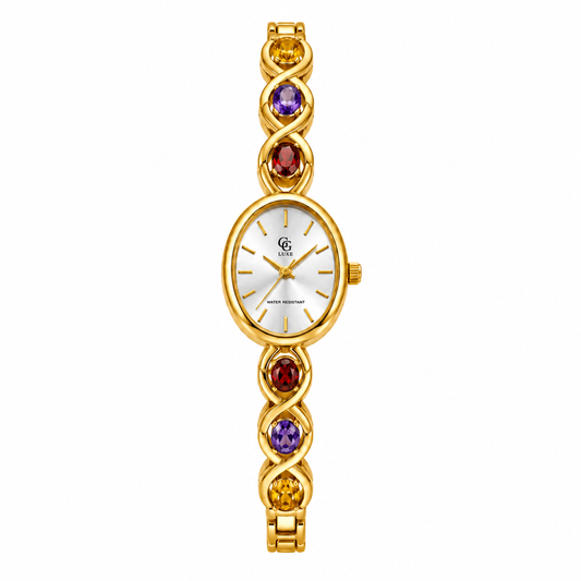 Montre Isaline GG Luxe dorée, avec cadran blanc et bracelet bijou aux teintes rouges et ambrées