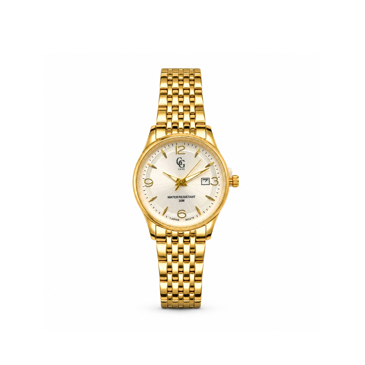 Montre L’Icône GG Luxe dorée, avec cadran blanc et bracelet en acier à maillons