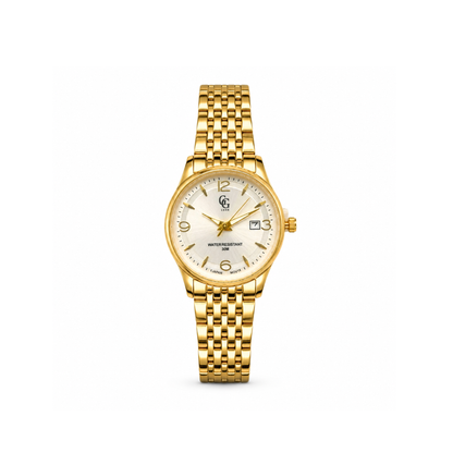 Montre L’Icône GG Luxe dorée, avec cadran blanc et bracelet en acier à maillons