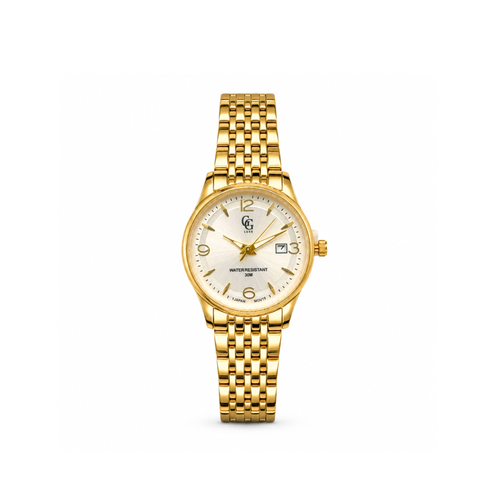Montre L’Icône GG Luxe dorée, avec cadran blanc et bracelet en acier à maillons