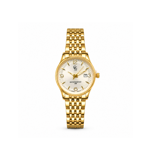 Montre L’Icône GG Luxe dorée, avec cadran blanc et bracelet en acier à maillons