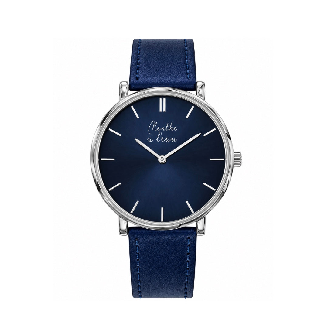 Montre mixte L’Indécise, cadran bleu soleillé et bracelet en cuir bleu foncé